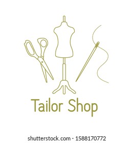Vector illustration Mannequin, scissors, needle, thread on white background Dressmaking tools, accessories for sewing Tailor shop Atelier tailoring Sewing workshop equipment. Design for print, website