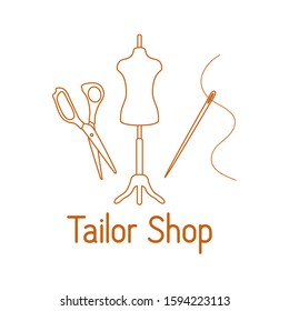 Vector illustration Mannequin, scissors, needle, thread on white background Dressmaking tools, accessories for sewing Tailor shop Atelier tailoring Sewing workshop equipment. Design for print, website