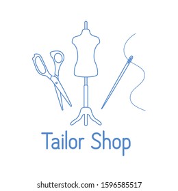 Vector illustration Mannequin, scissors, needle, thread on white background Dressmaking tools, accessories for sewing Tailor shop Atelier tailoring Sewing workshop equipment. Design for print, website