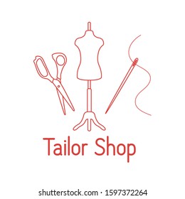 Vector illustration Mannequin, scissors, needle, thread on white background Dressmaking tools, accessories for sewing Tailor shop Atelier tailoring Sewing workshop equipment. Design for print, website