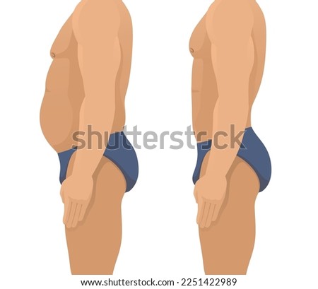 Vector illustration of a man's body with a fat belly and a man's body with a slender beautiful figure, before and after exercise for weight loss