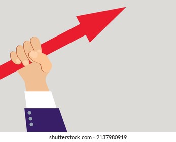 Vector illustration - a man's hand in close-up holds a red arrow pointing upwards and space for copying. Concept - financial growth and business success