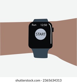 Vector illustration of a man's hand holding a smart watch, with a black digital clock on a businessman's wrist and a flat cartoon of a modern smart wristwatch on a male hand.
