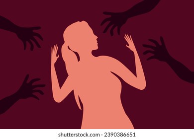Ilustración vectorial, mano del hombre sosteniendo la mano de la mujer por violación y acoso sexual. como pancarta o afiche, Día Internacional para la Eliminación de la Discriminación Sexual