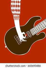 Vector illustration. A man's hand plays guitar with a mediator in the form of a heart for poster or card