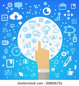 vector illustration man's hand pushing the button on a large white on a blue background with different application icons