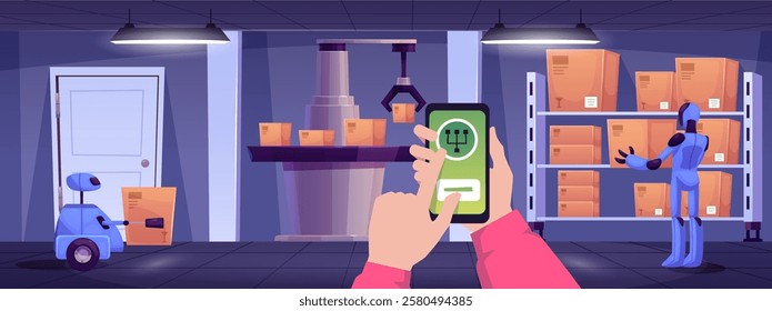 Vector illustration of a man's hands with a phone controlling robots in a manufacturing facility. Smart technology, warehouse automation and logistics. Flat cartoon style.