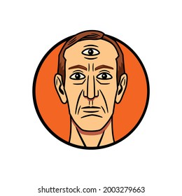 Vector illustration of a man's head looking straight ahead, with a third eye on the forehead and marked in a circular shape.