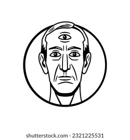 Vector illustration of a man's head looking straight ahead, with a third eye on the forehead and marked in a circular shape, drawing in black and white and border lines.