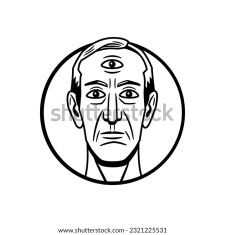 Vector illustration of a man's head looking straight ahead, with a third eye on the forehead and marked in a circular shape, drawing in black and white and border lines.