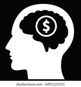 Vector illustration of a man's head showing only his brain with a dollar sign in the brain indicating that all he is thinking about is money.