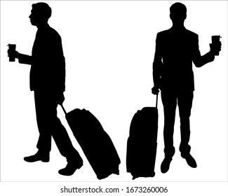 Vector illustration man`s silhouette in a suit with a bag on wheels and a thermos cup in hands. Man carries a bag on wheels. Guy is standing with baggage and holds a glass of coffee in front of him.