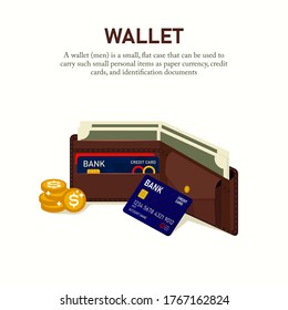 Vector illustration of a man's wallet containing money, credit cards, coins, and identity cards. Suitable for the design elements of a wallet as a carrier for essential needs. Two fold leather wallet.