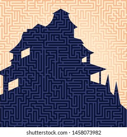 Vector illustration. Mansion silhouette with maze or labyrinth texture. Isolated.