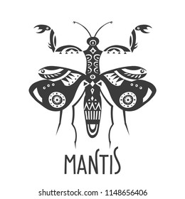 Vector illustration of mantis decorated with ethnic patterns.