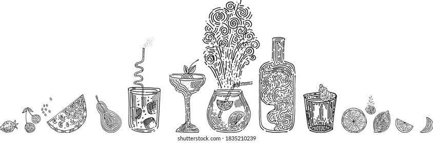Ilustración vectorial. Gráficos manuales. Gafas. Estilización. Alcohol. Barra de herramientas Bebidas alcohólicas.