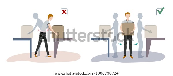 Vector\
illustration of manual handling of loads. A worker lifts up a heavy\
load in safe and unsafe way for his\
back.