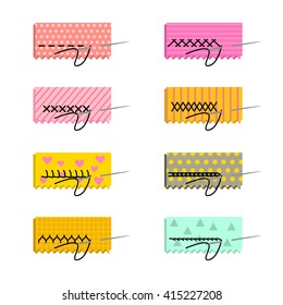 Vector illustration of a manual stitch in flat style. Set for training directory sewing, embroidery, needlework