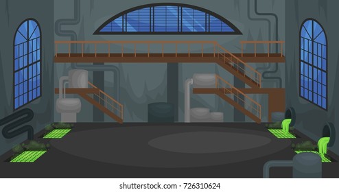 Vector Illustration Of Manufacturing Factory Building Inside. Industrial Factory Vector Flat Illustration. Old Factory Inside