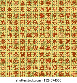 Vector illustration manuscript of Egyptian like ornaments and hieroglyphs on scroll scripts. Seamless pattern background.