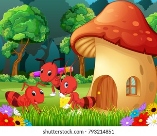 vector illustration of many ants and a mushroom house in forest