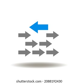 Vector illustration of many arrows pointing to the left and one arrow directed opposite to the right. Icon of think differently. Symbol of individuality and creativity intelligence.