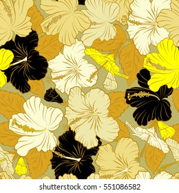 Vector illustration with many beige and yellow hibiscus flowers. Trendy seamless floral pattern.