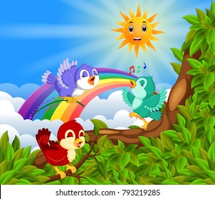 vector illustration of many bird on the tree branch with rainbow scene