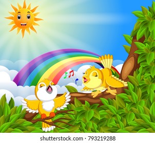 vector illustration of many bird on the tree branch with rainbow scene
