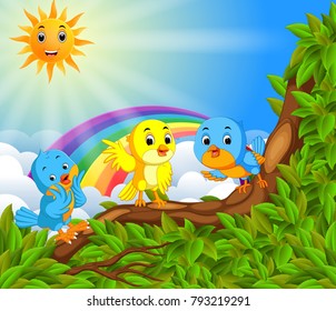 vector illustration of many bird on the tree branch with rainbow scene