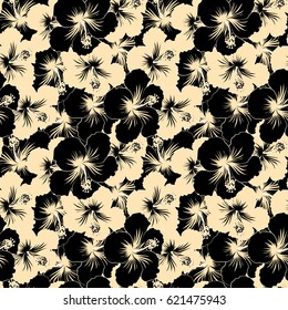 Vector illustration with many black and beige hibiscus flowers. Trendy seamless floral pattern.