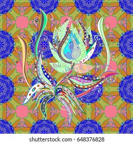 Vector illustration with many blue flowers. Trendy seamless floral pattern.