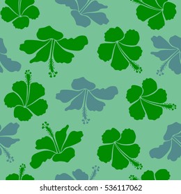 Vector illustration with many blue and green hibiscus flowers. Trendy seamless floral pattern.