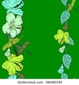 Vector illustration with many blue and green hibiscus flowers and copy space (place for your text). Trendy seamless floral pattern.