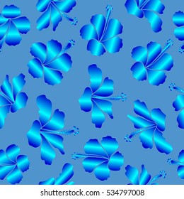 Vector illustration with many blue hibiscus flowers. Trendy floral pattern.