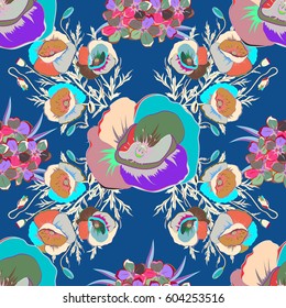 Vector illustration with many blue and pink flowers. Trendy seamless floral pattern.