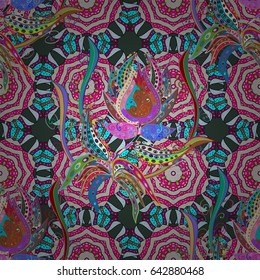 Vector illustration with many blue and pink flowers. Trendy seamless floral pattern.