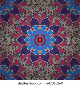 Vector illustration with many blue and pink flowers. Trendy seamless floral pattern.