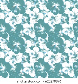 Vector illustration with many blue and white hibiscus flowers. Trendy seamless floral pattern.