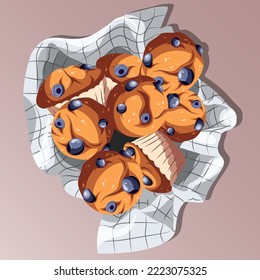 Ilustración vectorial de muchos muffins de arándano azul en toalla de cocina de plato a cuadros. Ilustración estética plana aislada en rosa. Panaderías, confitería, concepto de clipart.