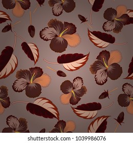 Vector illustration with many brown and beige hibiscus flowers. Trendy seamless floral pattern.