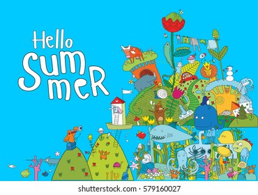 Vector illustration with many cartoon characters. Bear, Cow, shark, house rabbit, boat, coral, summer, comics, fish, tree, birds, insects, beetles, butterflies, flowers.