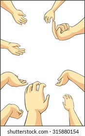 Vector Illustration Of Many Cartoon People Hands Trying To Grab, Take, Or Request Something They Want In White Isolated Background With Blank Space, Create By Vector