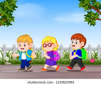 vector illustration of many children go away to school