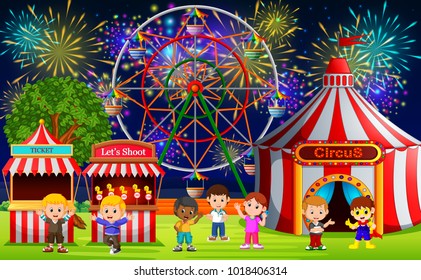 vector illustration of Many Children having fun in carnival at night