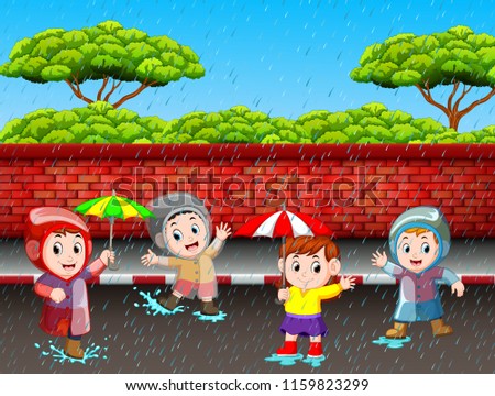 vector illustration of Many children running in the rain