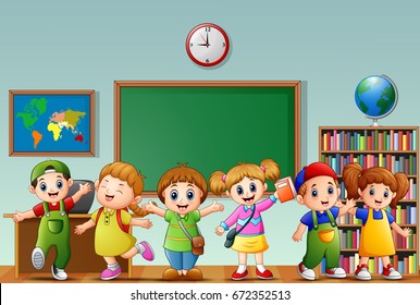 Vector illustration of Many children standing in the front of classroom
