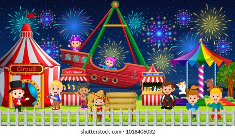 vector illustration of Many Childrens and people worker having fun in carnival at night