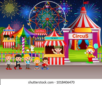 vector illustration of Many Childrens and people worker having fun in amusement park at night