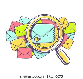 Vector illustration of many color envelopes and magnifying glass on white background. Hand draw line art design for web, site, advertising, banner, poster, board and print.  